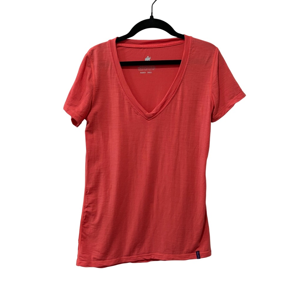 Woolly Everyday Merino T-Shirt Women Small Orange Coral V-Neck Short Sleeve